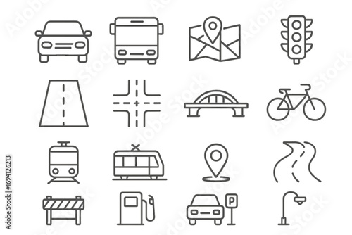 Transportation & city infrastructure line icon set. Public transport, traffic & navigation symbols. Car, bus, train, bicycle, map, road, bridge & parking pictograms.
