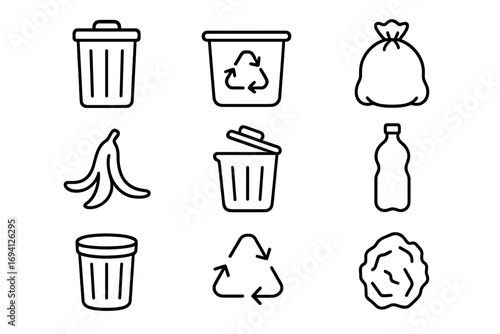 Trash and recycling line icon set. Waste management, garbage sorting, and disposal concept. Vector collection of outline icons like bin, can, bottle, and rubbish bag.