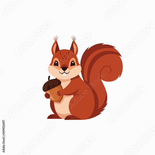 Cute cartoon squirrel holding an acorn in its paws for a forest animal illustration