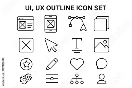UI UX outline icon set for web and mobile app design. Interface pictogram collection. Vector symbols for website development, graphic design, like, user, edit and settings.