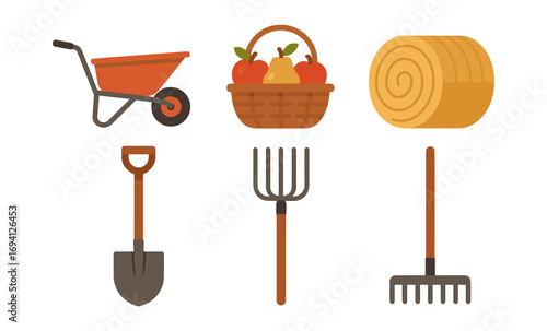 Farm tools collection with wheelbarrow, shovel, pitchfork, hay bale, and fruit basket