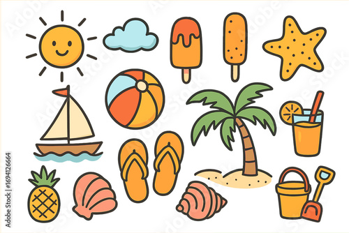 Summer vacation doodles icon set. Fun beach and sun elements for playful designs. Vector cartoon illustration collection with sun, palm tree, shell, boat, and ice cream.