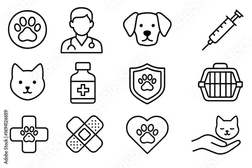 Veterinary pet care outline icon set. Animal health, clinic, and treatment symbols. Vector collection for vet services, dog and cat health, medicine, and pet insurance.