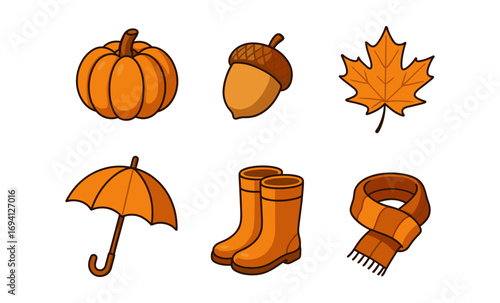 Autumn essentials: pumpkin, acorn, leaf, umbrella, boots, and scarf in flat design