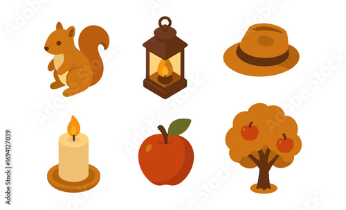Autumn icons collection featuring squirrel, lantern, and harvest elements in isometric style
