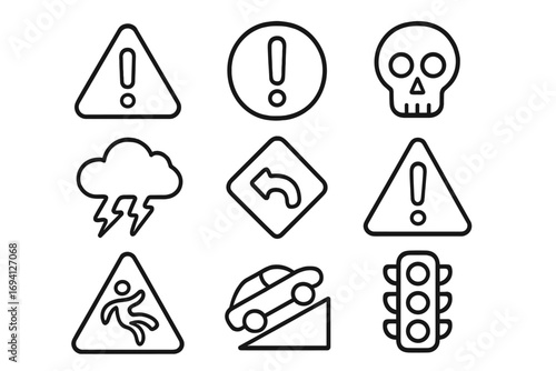 Warning signs linear icon set. Caution, safety, weather, road and traffic symbols. Danger alert, skull, slippery pedestrian, and steep hill vector cartoon icons.