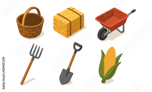 Isometric farm tools and produce set featuring wheelbarrow, hay bale, and corn