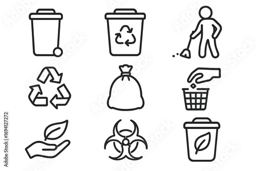 Waste management vector line icon set. Trash can, recycling bin, garbage bag, biohazard symbol. Eco-friendly, clean, disposal, ecology, and environmental conservation signs.