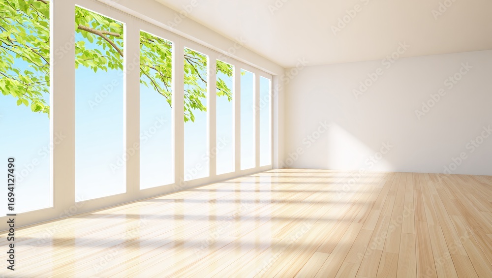 Obraz premium Sunlit empty room with large windows and green tree branches