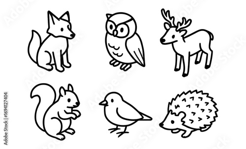 Simple outline illustrations of woodland animals for kids' coloring activities