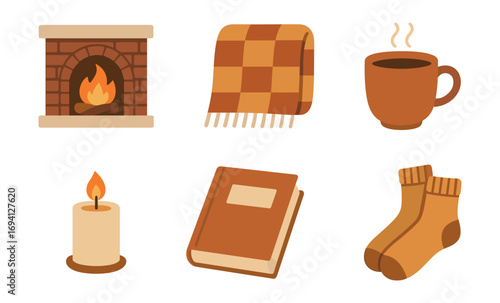 Cozy autumn elements: fireplace, blanket, mug, candle, book, socks in warm tones