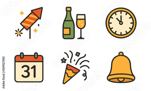 Festive celebration icons: rocket, champagne, countdown, calendar, party, bell