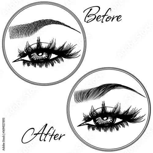Illustration with woman's eyes, eyelashes and eyebrows. Makeup Look. Tattoo design. Logo for brow bar or lash salon. Before and after coloring care. Set of well-groomed and shaggy eyebrows.
