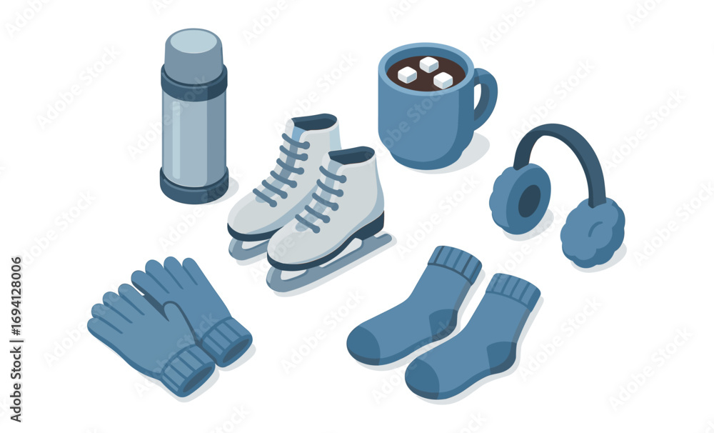 Obraz premium Cozy winter essentials isometric set with skates and hot chocolate