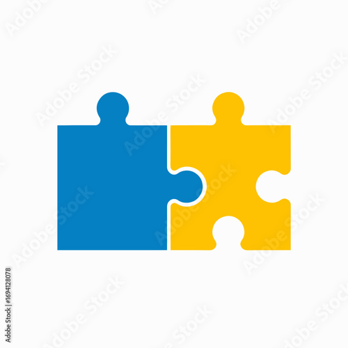Two Puzzle Pieces Interlocking in Blue and Yellow Harmony Representing Connection and Solutions
