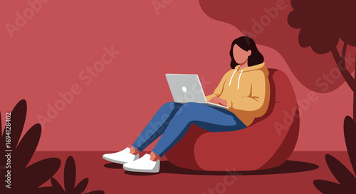 Young woman comfortably works or studies remotely on her laptop while sitting on a bean bag. Ideal for remote work, online education, and relaxed productivity concepts.