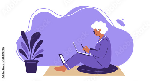 Senior woman comfortably using laptop with stylus at home. Represents digital learning, remote work, or creative leisure activities.