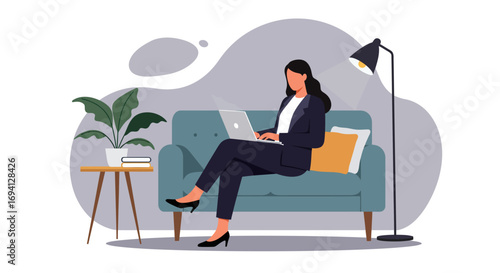 Professional woman works remotely on a laptop from a comfortable sofa at home. Ideal for business, freelance, and modern lifestyle concepts.