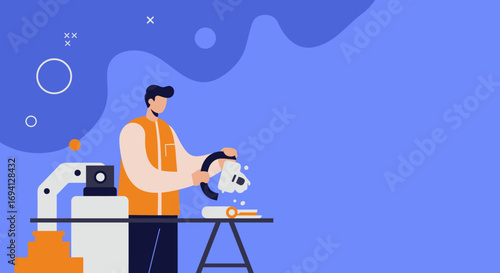Man performing maintenance or quality control on a component, representing industrial processes, manufacturing, or service work. Ideal for business and technology themes.