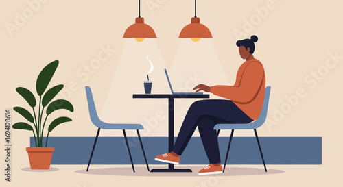 A focused person works remotely on a laptop in a modern cafe or co-working space, enjoying a hot drink. Ideal for business, freelance, and digital lifestyle concepts.