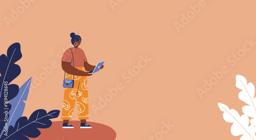 Stylish woman using a laptop in a vibrant, minimalist setting. Represents remote work, digital lifestyle, education, or creative concepts.