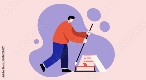 Modern illustration of a person using a pointer to review a document, symbolizing project management, education, or content analysis. Ideal for business and learning concepts.