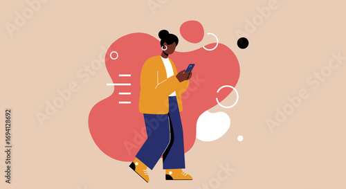 Illustration of a person engaged with their smartphone, symbolizing mobile communication, digital connectivity, and modern lifestyle. Ideal for technology, business, or everyday use concepts.