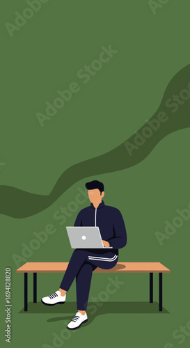 Young man in casual sportswear working on a laptop outdoors. Represents remote work, freelancing, flexible lifestyle, or online learning.