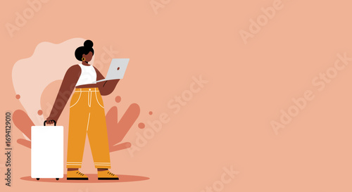 Young woman with laptop and rolling suitcase, representing remote work, digital nomad life, or business travel. Modern connectivity and flexible lifestyle concept.