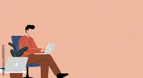 Professional man works diligently on laptop in a modern home office setting, representing remote work, digital business, and online productivity.