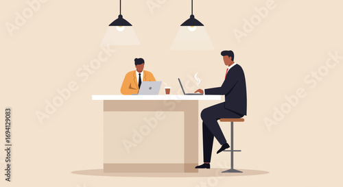 Two professional men working remotely on laptops at a modern co-working space, depicting collaboration, productivity, and modern business lifestyle.