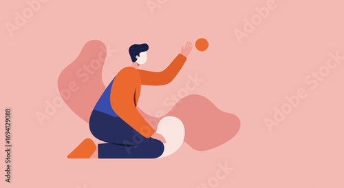 A person in flat design style reaching for an orange sphere, symbolizing goal-setting, aspiration, or problem-solving. Ideal for business, technology, or self-improvement concepts.
