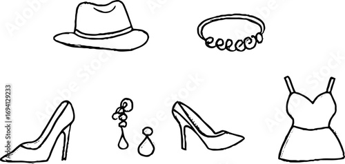 Minimalist line art collection of fashion accessories and apparel for elegant design