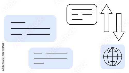 Linear text boxes, bidirectional arrows, and a globe highlight information sharing, global networking, and data flow. Ideal for technology, communication, business exchange, global economy
