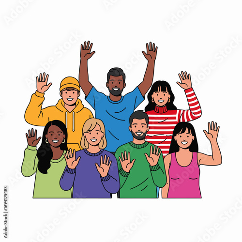 Diverse Group of People Waving Hello and Showing Unity