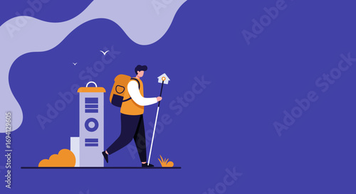 A determined traveler with a backpack and a staff, featuring a house icon, embarks on a journey. Ideal for concepts of travel, exploration, home search, and new beginnings.