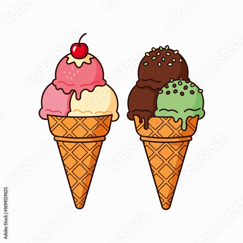 Two colorful ice cream cones with different flavors and toppings for a refreshing summer treat