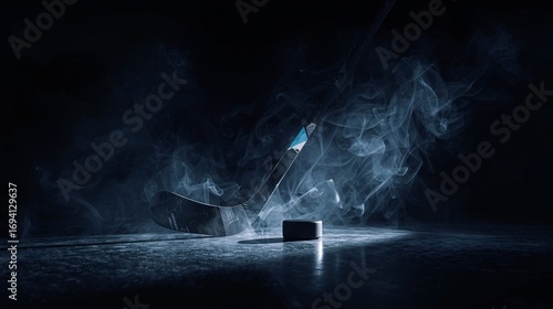 Hockey Stick and Puck in Dramatic Smoke Spotlight
