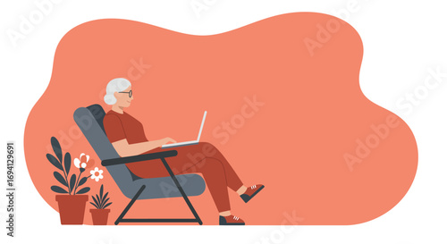 Senior woman comfortably uses a laptop, representing modern retirement, digital literacy, and remote connectivity for business or leisure.