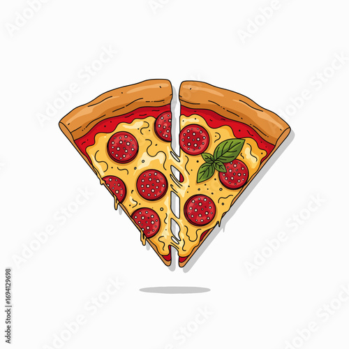 Delicious Pepperoni Pizza Slice with Fresh Basil Leaf Topping