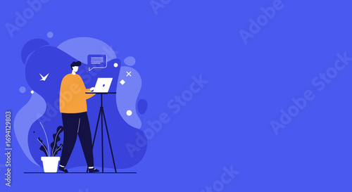 A person works on a laptop placed on a stand, engaging in remote work or online communication. Ideal for concepts like freelance, productivity, and digital communication.