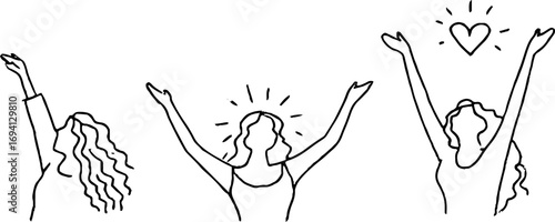 Minimalist line art collection of female silhouettes with heart and outstretched arms for aesthetic design