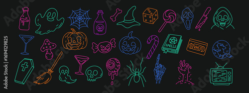 Neon Halloween icons set with pumpkin ghost skull spider witch hat broom potion candy coffin knife spell book eyeball bat skeleton hand retro tv VHS tape flat vector illustration on dark background