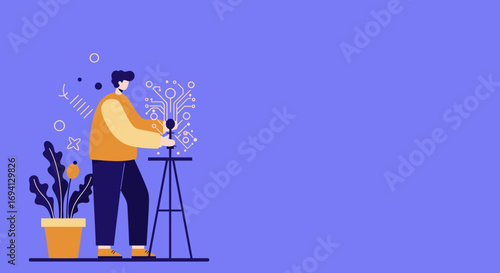 Man recording a podcast with a microphone connected to a digital circuit board, representing technology, communication, and innovative content creation.