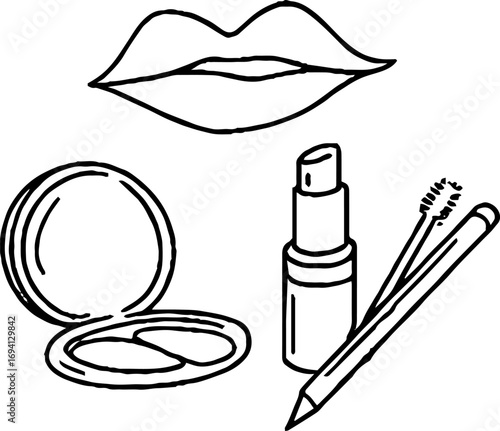 Minimalist line art collection featuring smiling lips and makeup essentials for bohemian aesthetic designs