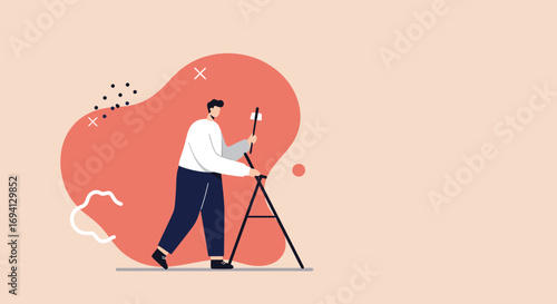 Man setting up camera on tripod, creating digital content. Ideal for concepts of photography, videography, media production, and online business.