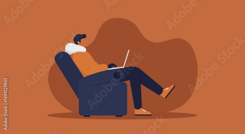 Person comfortably working remotely on a laptop in an armchair, representing modern freelance, online education, or casual business. Ideal for lifestyle and technology concepts.