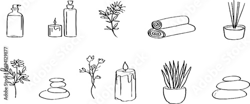 Minimalist line art collection of spa tools and essential oils for relaxation and wellness design