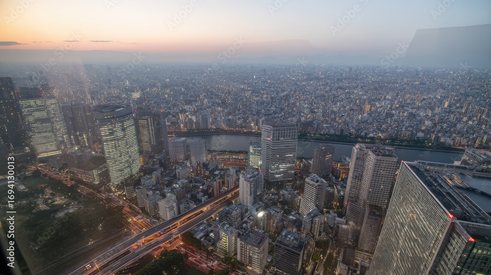 Obraz premium 夜明けの未来型メガシティ俯瞰スカイライン / Aerial Futuristic Megacity Skyline at Dawn