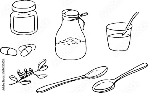 Minimalist line art collection featuring vitamin jars and kitchen utensils for aesthetic design